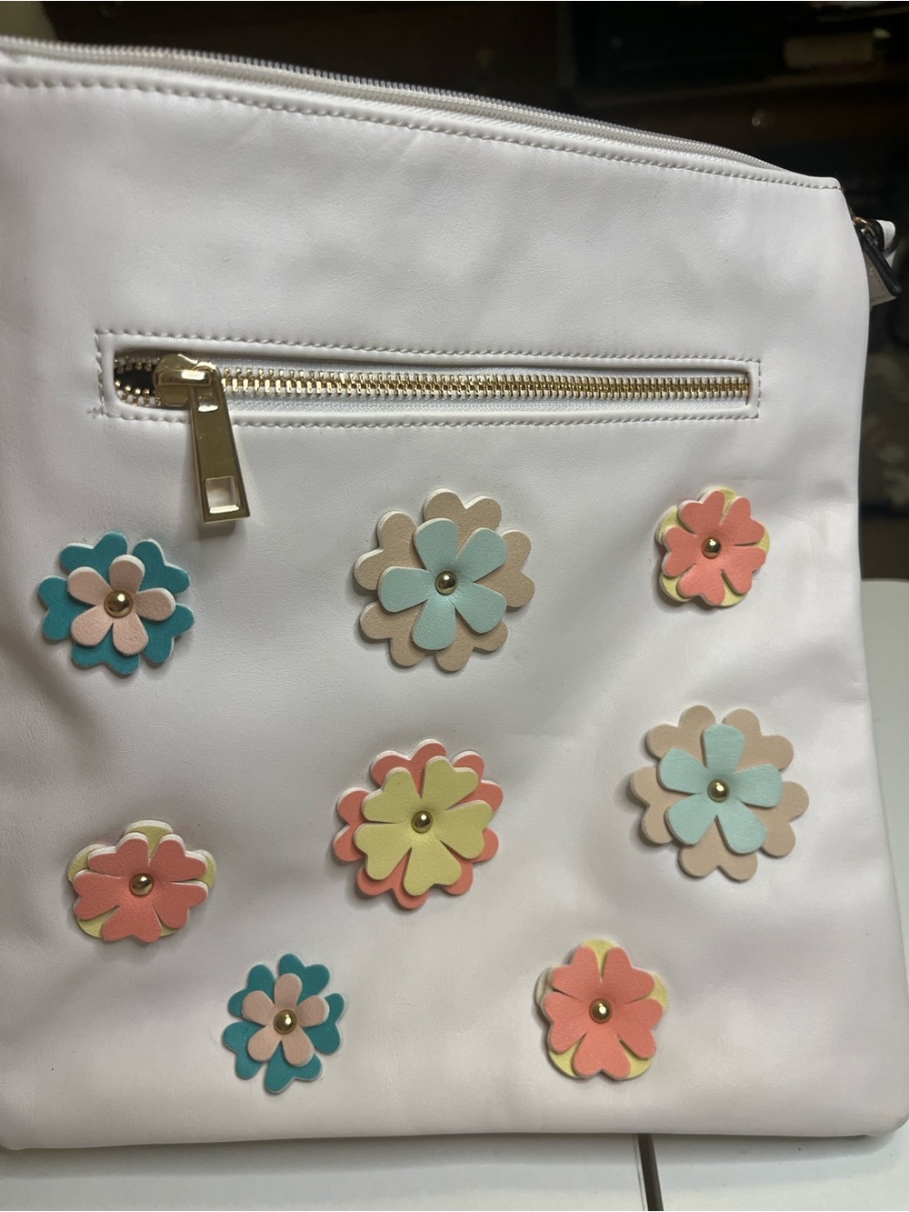 White Vegan Leather Crossbody with 8 Layered Flowers w/gold stud